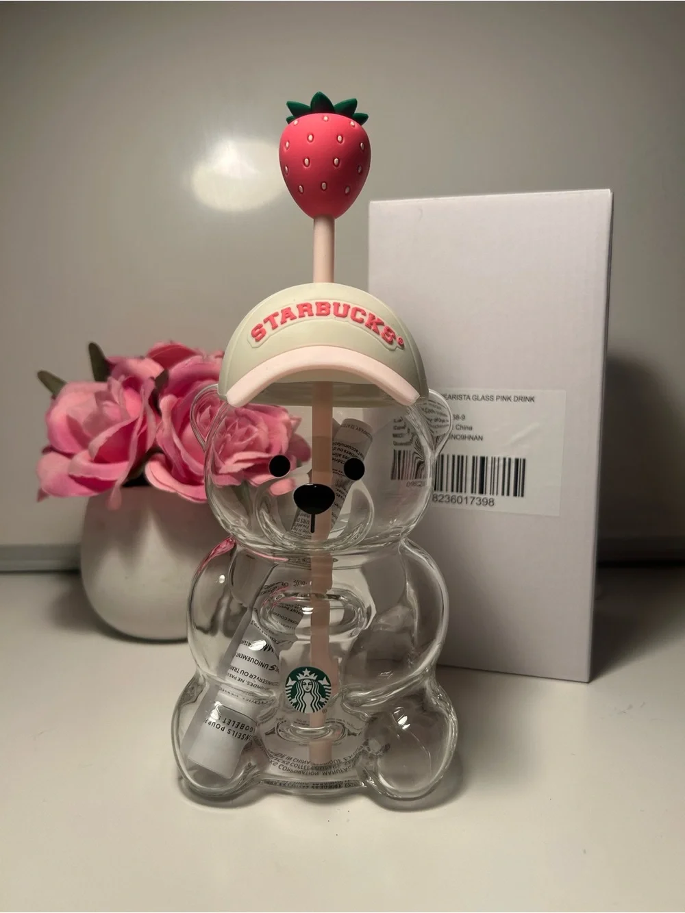Starbucks Clear Bear Tumbler with Pink Strawberry Topper